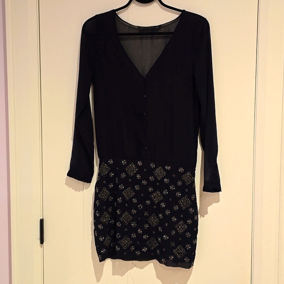Zara Trafaluc Small Navy Beaded Chiffon V-Neck Sheath Shirt Dress - Picture 2 of 5